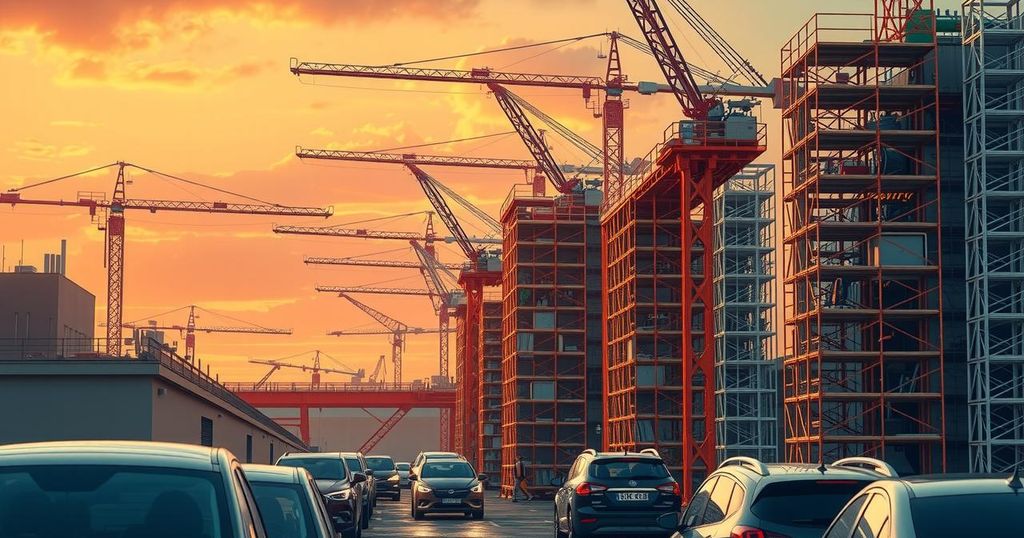 Construction site with cranes and scaffolding, depicting activity in electric vehicle manufacturing with a dramatic sky.