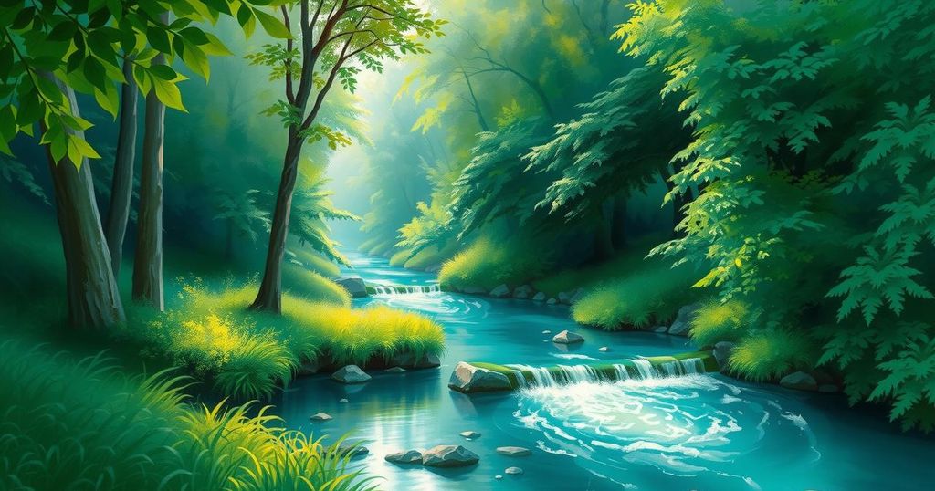 A vibrant forest landscape with a river, showcasing lush greenery and a peaceful atmosphere.