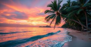 A quiet tropical beach with palm trees under a sunset sky, symbolizing caution for travelers in Thailand.