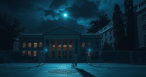 A tense scene depicting an empty building with security barriers and a nighttime atmosphere, reflecting legal issues.