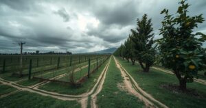 A dramatic scene depicting an empty citrus farm with ominous gray skies, symbolizing loss and unrest.