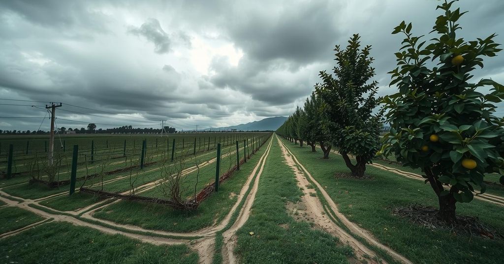 A dramatic scene depicting an empty citrus farm with ominous gray skies, symbolizing loss and unrest.