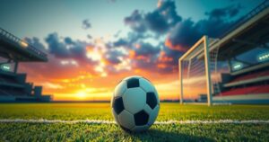 A dynamic soccer scene with a ball on a lush green field surrounded by goalposts and bright stadium lights.