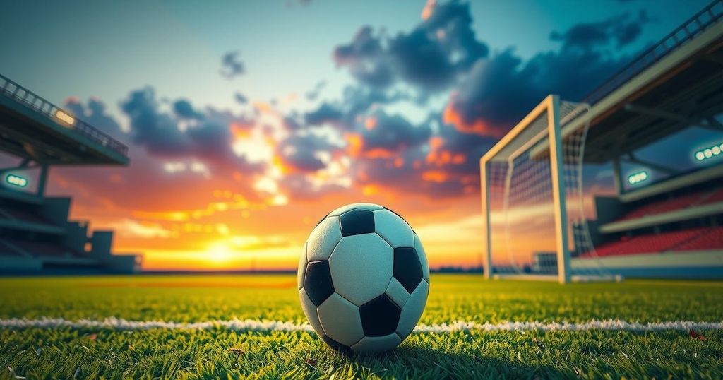 A dynamic soccer scene with a ball on a lush green field surrounded by goalposts and bright stadium lights.