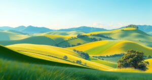 A tranquil landscape with rolling green hills under a clear blue sky, painted in an impressionist style.