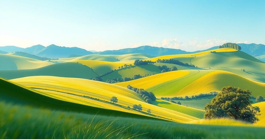 A tranquil landscape with rolling green hills under a clear blue sky, painted in an impressionist style.