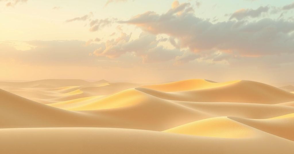 Dusty scenery of Kuwait with sandy landscapes and a cloudy sky, reflecting high humidity and windy conditions.