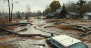 A muddy landscape showing remnants of dwellings after floods, reflecting recovery efforts in a rural setting.