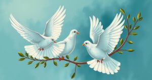 Symbolic representation of peace treaty with doves and olive branches, in calming blue and green tones, modern style.