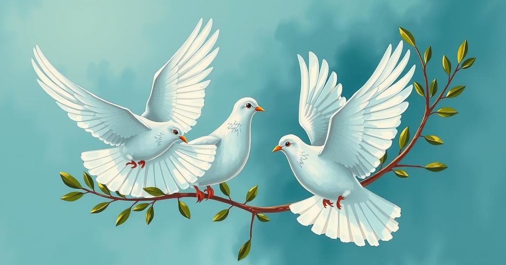 Symbolic representation of peace treaty with doves and olive branches, in calming blue and green tones, modern style.