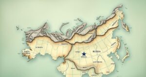 A map highlighting North Korea and Russia with a symbolic alliance illustration in muted colors.