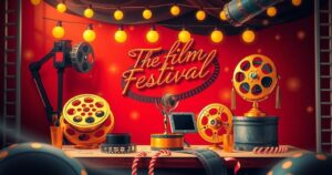 A colorful film festival scene with cinematic elements and a vibrant atmosphere showcasing creativity and transnational awards.