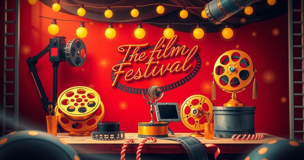 A colorful film festival scene with cinematic elements and a vibrant atmosphere showcasing creativity and transnational awards.
