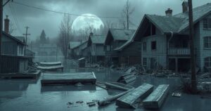 A representation of severe flooding aftermath with damaged buildings, debris-strewn areas, and subdued colors.