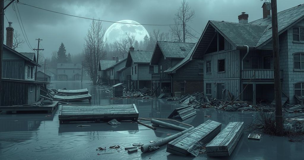 A representation of severe flooding aftermath with damaged buildings, debris-strewn areas, and subdued colors.