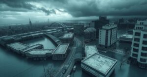 Aerial view of flooded streets with submerged buildings in a city during heavy rainfall, showcasing climate effects.