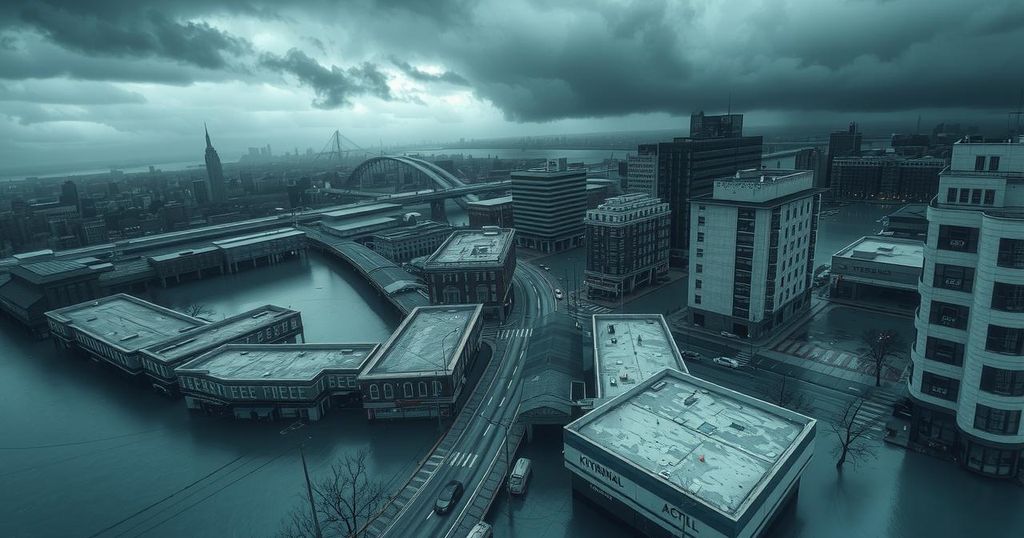 Aerial view of flooded streets with submerged buildings in a city during heavy rainfall, showcasing climate effects.