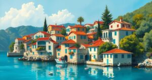 A serene Mediterranean landscape featuring bright blue skies, lush greenery, and charming coastal homes.