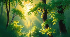 A serene forest landscape with lush greenery and soft sunlight filtering through the trees.