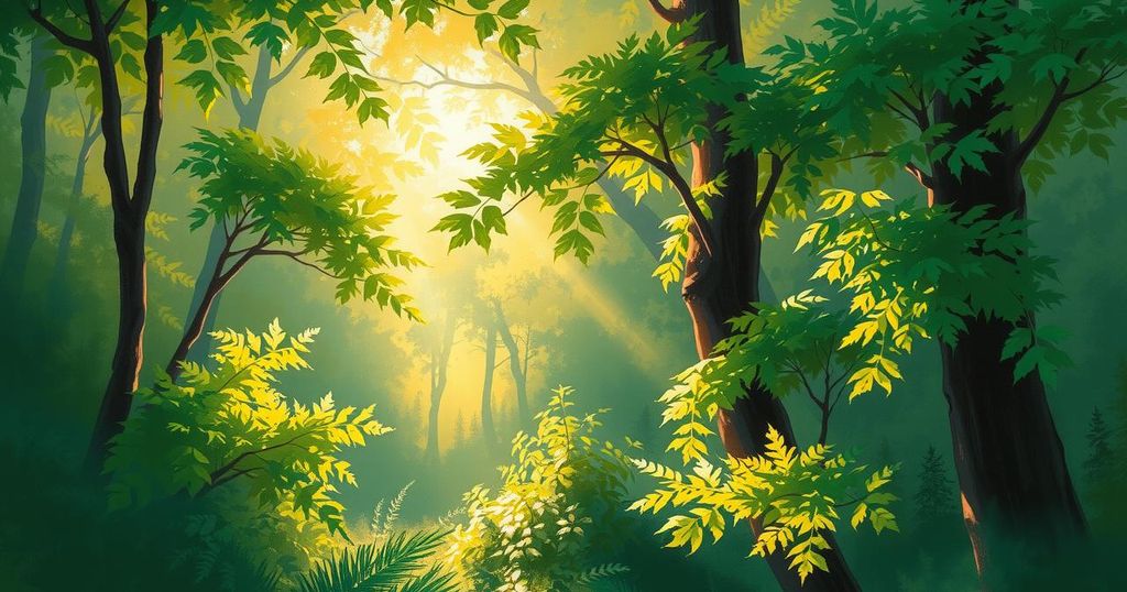 A serene forest landscape with lush greenery and soft sunlight filtering through the trees.