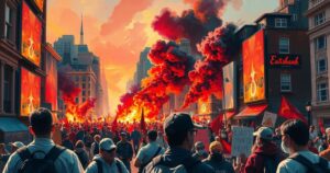 Protests in Nairobi with flames and smoke, representing unrest and demands for justice in a dynamic urban setting.