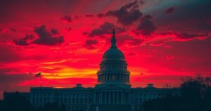 U.S. Congress building with a dramatic sunset, symbolizing political reactions and military decisions.