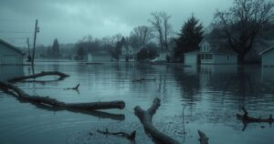 Flooded landscape in Nigeria with submerged buildings and debris under a gloomy sky, showcasing the impact of heavy rainfall.