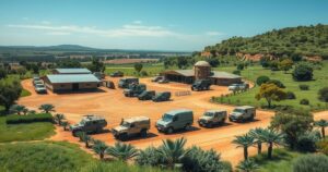 British military base in Kenya with a focus on training facilities surrounded by nature and military vehicles.
