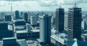 Nairobi cityscape with law enforcement buildings, capturing the essence of justice and public scrutiny.