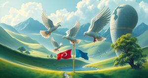 Rwanda and Congo peace treaty signing scene with doves, flags, and a peaceful atmosphere.