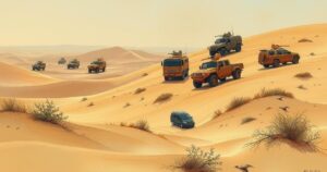 Desolate desert landscape with military vehicles in the distance, displaying a sense of conflict and tension.