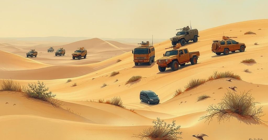 Desolate desert landscape with military vehicles in the distance, displaying a sense of conflict and tension.