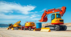 Military engineers and workers preparing for deployment, with construction equipment against a vibrant blue sky.
