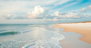 Partly cloudy skies over Pensacola Beach, featuring serene ocean waves and soft sandy shores.