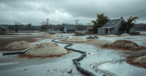 A devastated landscape of Mokwa after floods, featuring sand piles, debris, and abandoned structures under a gray sky.