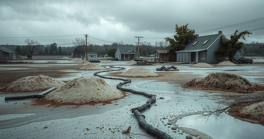 A devastated landscape of Mokwa after floods, featuring sand piles, debris, and abandoned structures under a gray sky.