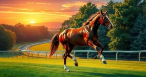 A majestic horse racing through a lush green track, showcasing strength and speed, with a sunset backdrop and vibrant colors.