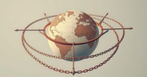 An abstract representation of a globe with a web of travel restrictions symbolized by barriers and chains, subdued colors