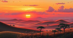 A serene African landscape with distant hills and a sunset background, showcasing calmness and vastness.
