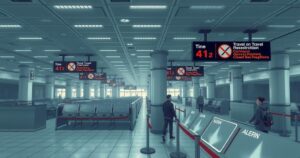 A chaotic airport scene symbolizing travel restrictions with empty check-in desks, alert screens, and closed gates.