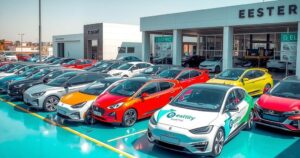 Electric vehicle dealership in South Africa showcasing various models, vibrant colors, and modern design.