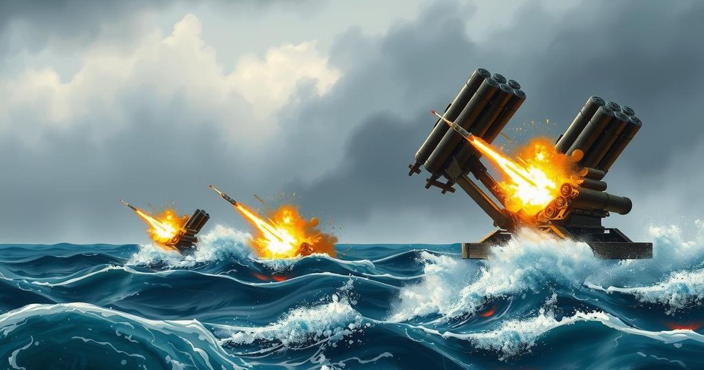 Rocket launchers firing projectiles into the sea with dramatic clouds and waves, depicting military tension.