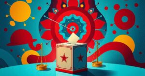 A symbolic representation of democracy with scales, a ballot box, and abstract patterns in bold colors.