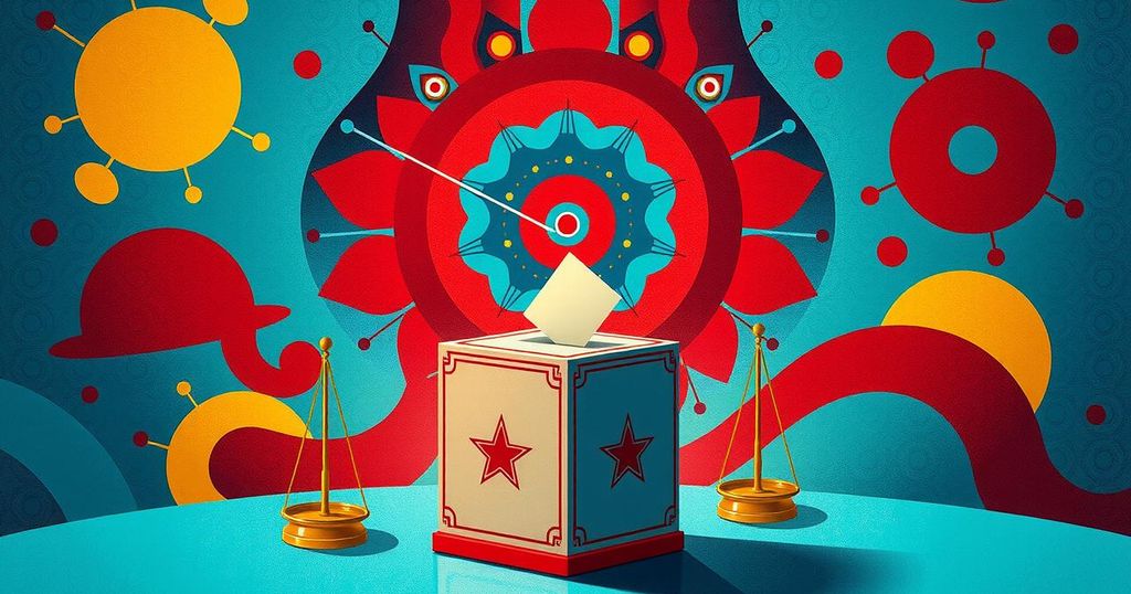 A symbolic representation of democracy with scales, a ballot box, and abstract patterns in bold colors.