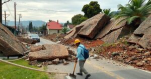 Workers clearing debris after an earthquake in Lima, showing fallen rocks on the road in a natural setting.