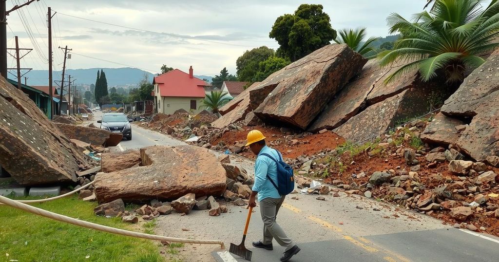 Workers clearing debris after an earthquake in Lima, showing fallen rocks on the road in a natural setting.