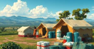 A peaceful healthcare camp scene in a remote Ugandan district, showcasing tents, medical supplies, and nature surrounding it.