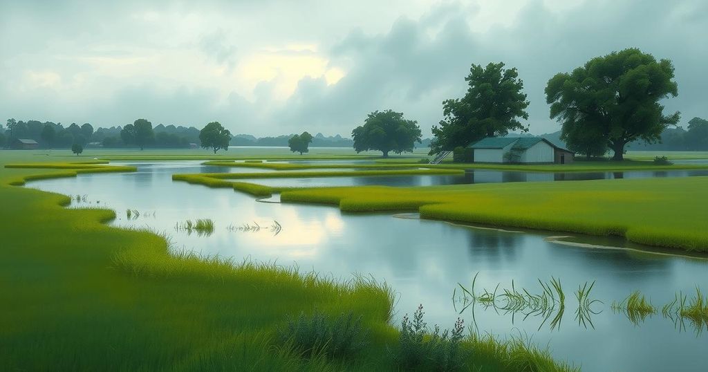 Aerial view of a lush green landscape alongside floodwaters, showcasing the aftermath of nature's fury.