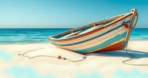 A grounded vessel on a calm Caribbean beach under a bright blue sky, surrounded by gentle waves and sandy shores.