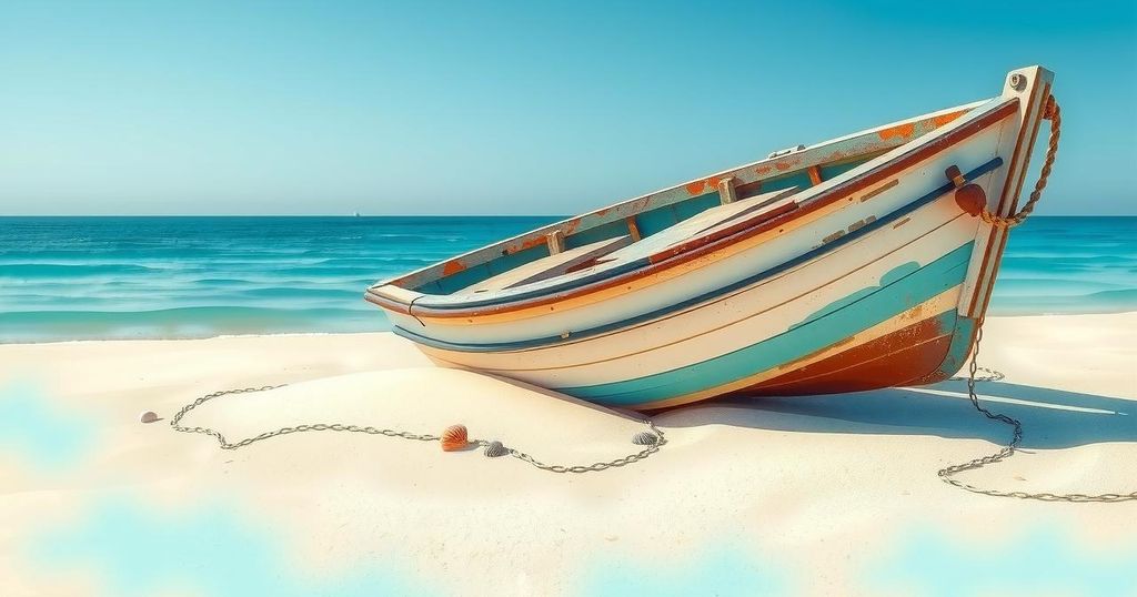 A grounded vessel on a calm Caribbean beach under a bright blue sky, surrounded by gentle waves and sandy shores.